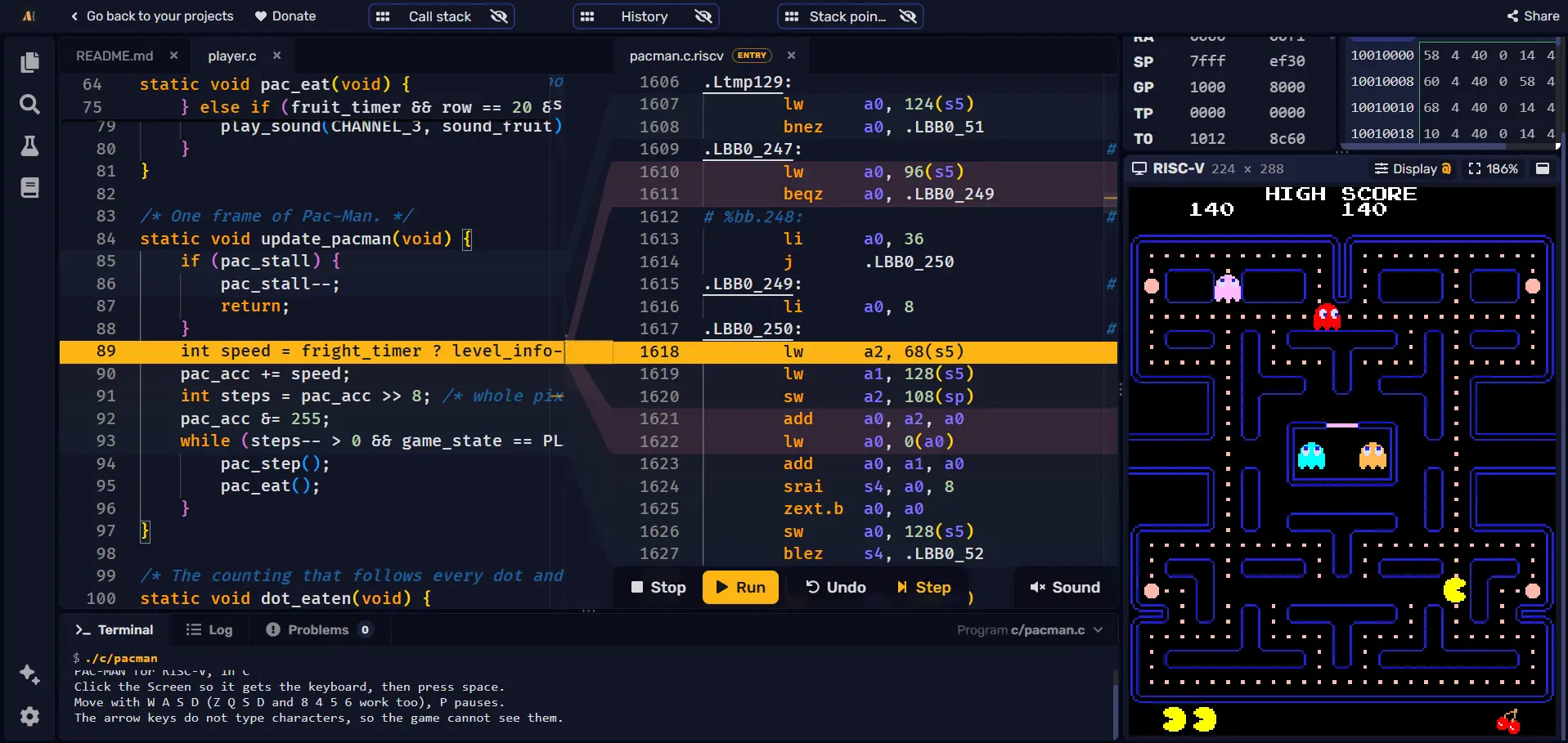 Pac-Man written in C, running on RISC-V in ASM Editor